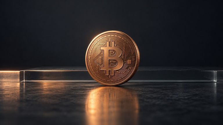 A copper Bitcoin coin standing in front of a horizontal glass ledge on a dark background.