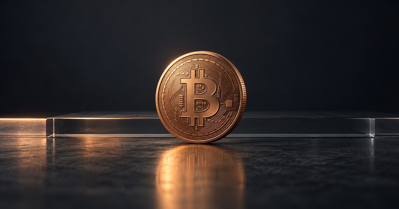 A copper Bitcoin coin standing in front of a horizontal glass ledge on a dark background.