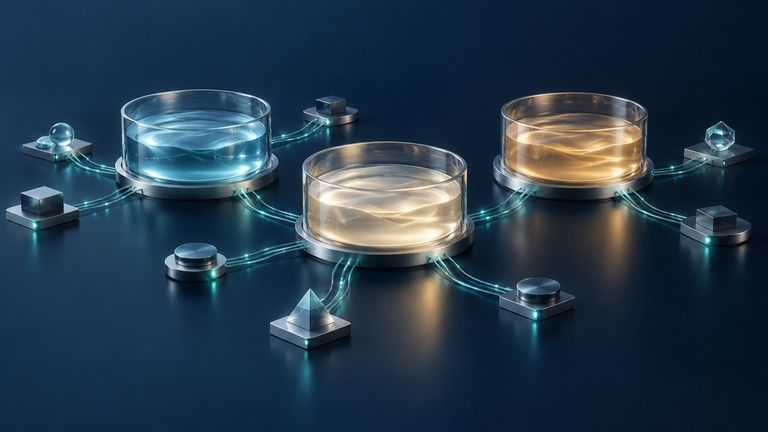 Three separate glass reservoirs linked by light paths to small geometric network platforms.