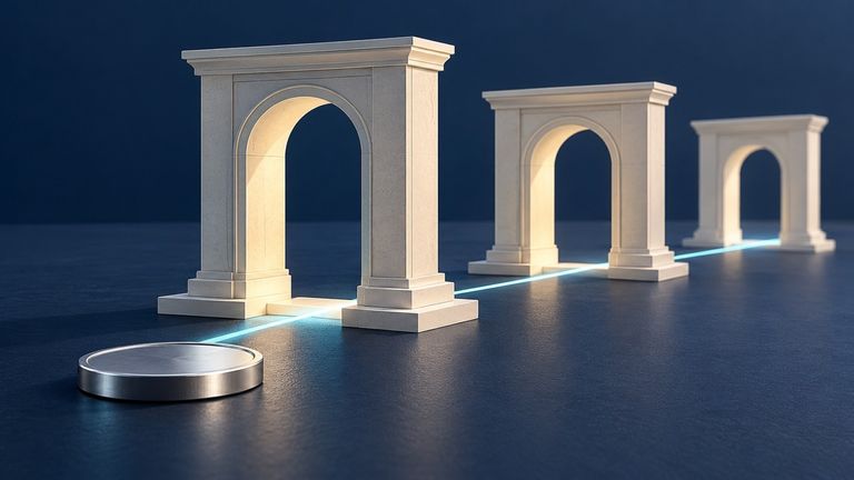 An unmarked silver token in front of three architectural thresholds joined by a light.