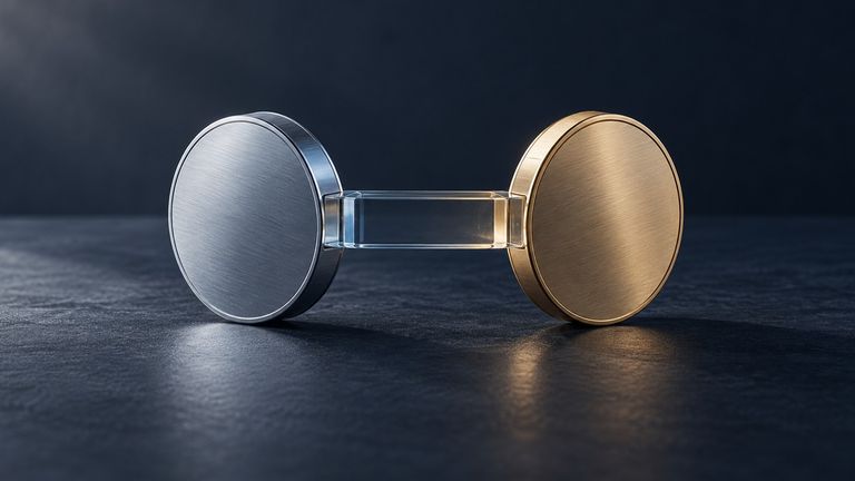 Two blank metal discs connected by a transparent bridge against a dark background.