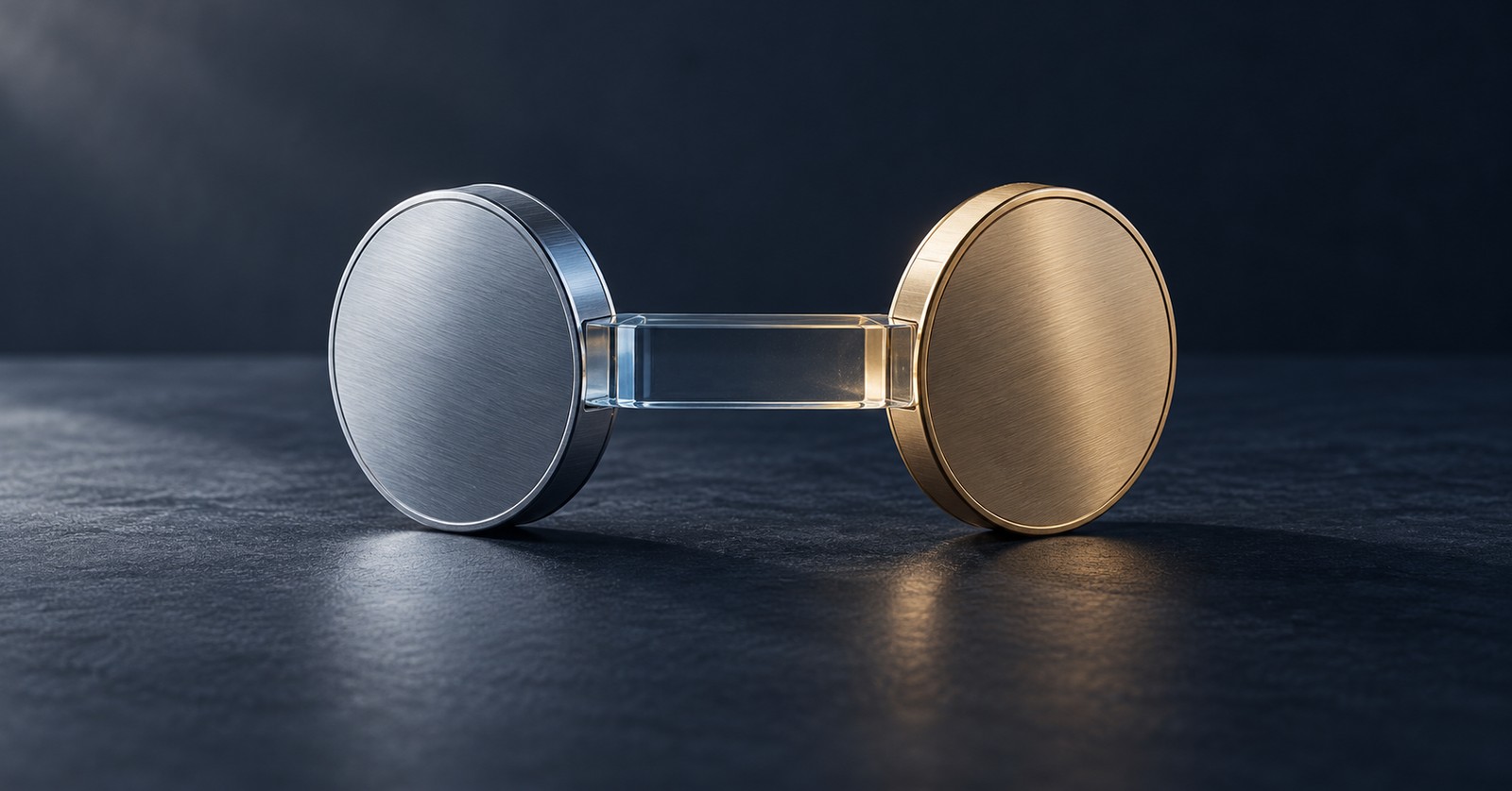 Two blank metal discs connected by a transparent bridge against a dark background.